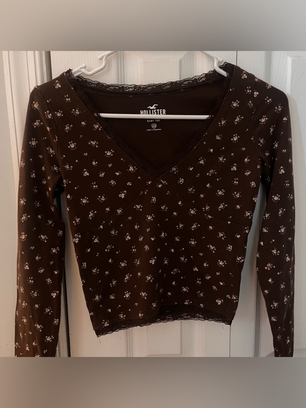 Hollister Chocolate Brown Floral Lace-Trim V-Neck Long Sleeve Top